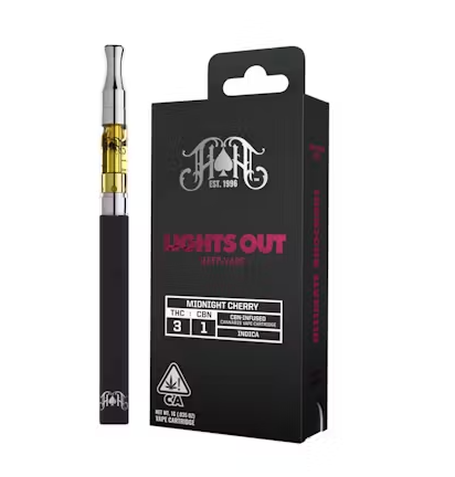 Photograph of product: "Lights Out" Midnight Cherry (I) 3:1 TH-oui:CBN Distillate Oil CARTRIDGE 1g - Heavy Hitters