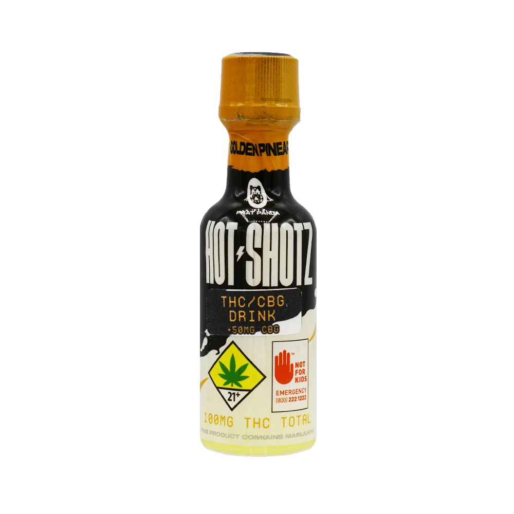 Photograph of product: Hot Shotz | 2oz Shooter | Golden Pineapple | 100mg TH-oui : 50mg CBG