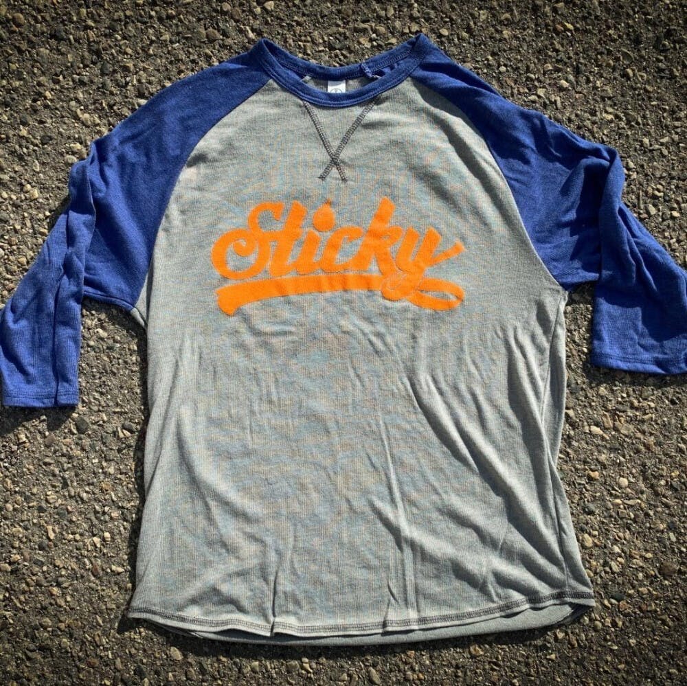 Photograph of product: Sticky Grey & Blue Baseball Tee