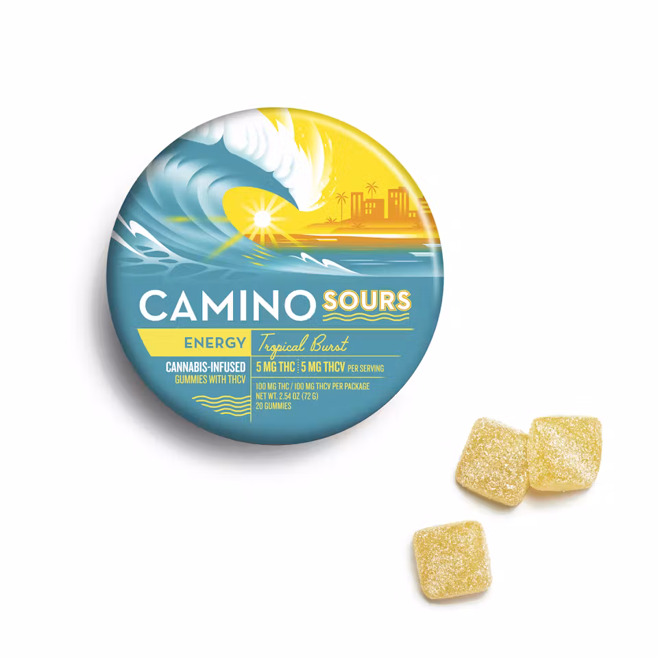Photograph of product: Camino Sours Tropical Burst 1:1 THC:THCV Gummies 5mg 20pk