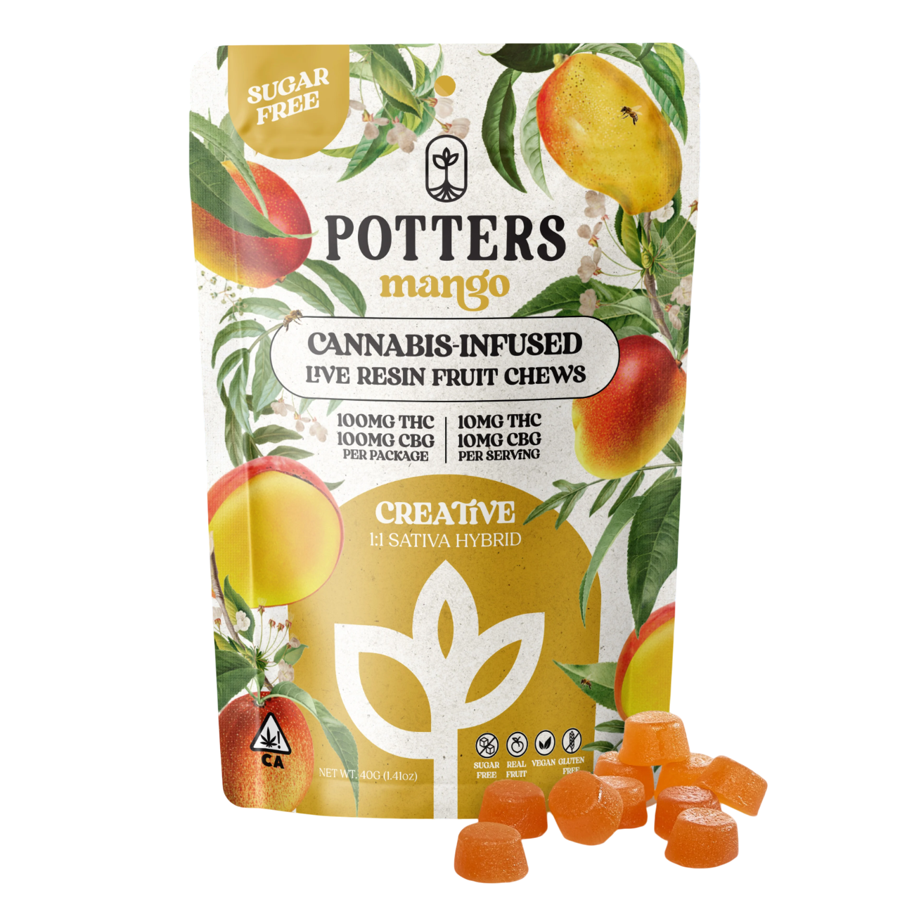 Photograph of product: MANGO 1:1 TH-oui:CBG 100MG LIVE RESIN 10 PACK FRUIT CHEWS