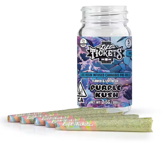 Photograph of product: LIFT TICKETS PURPLE KUSH INFUSED PREROLL 5-PACK Oui'd 2.5G