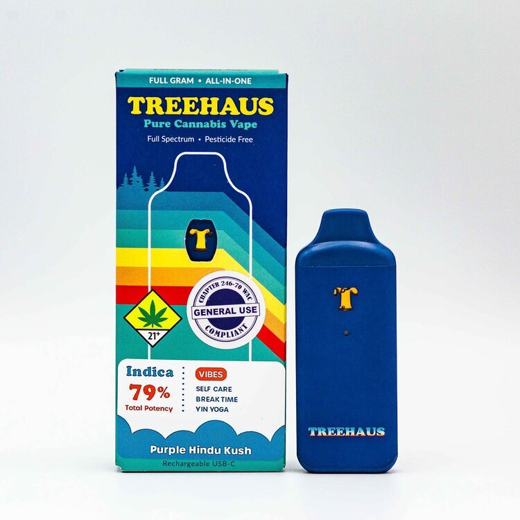 Photograph of product: Treehaus: Purple Hindu Kush - Cured Resin Disposable Cartridge