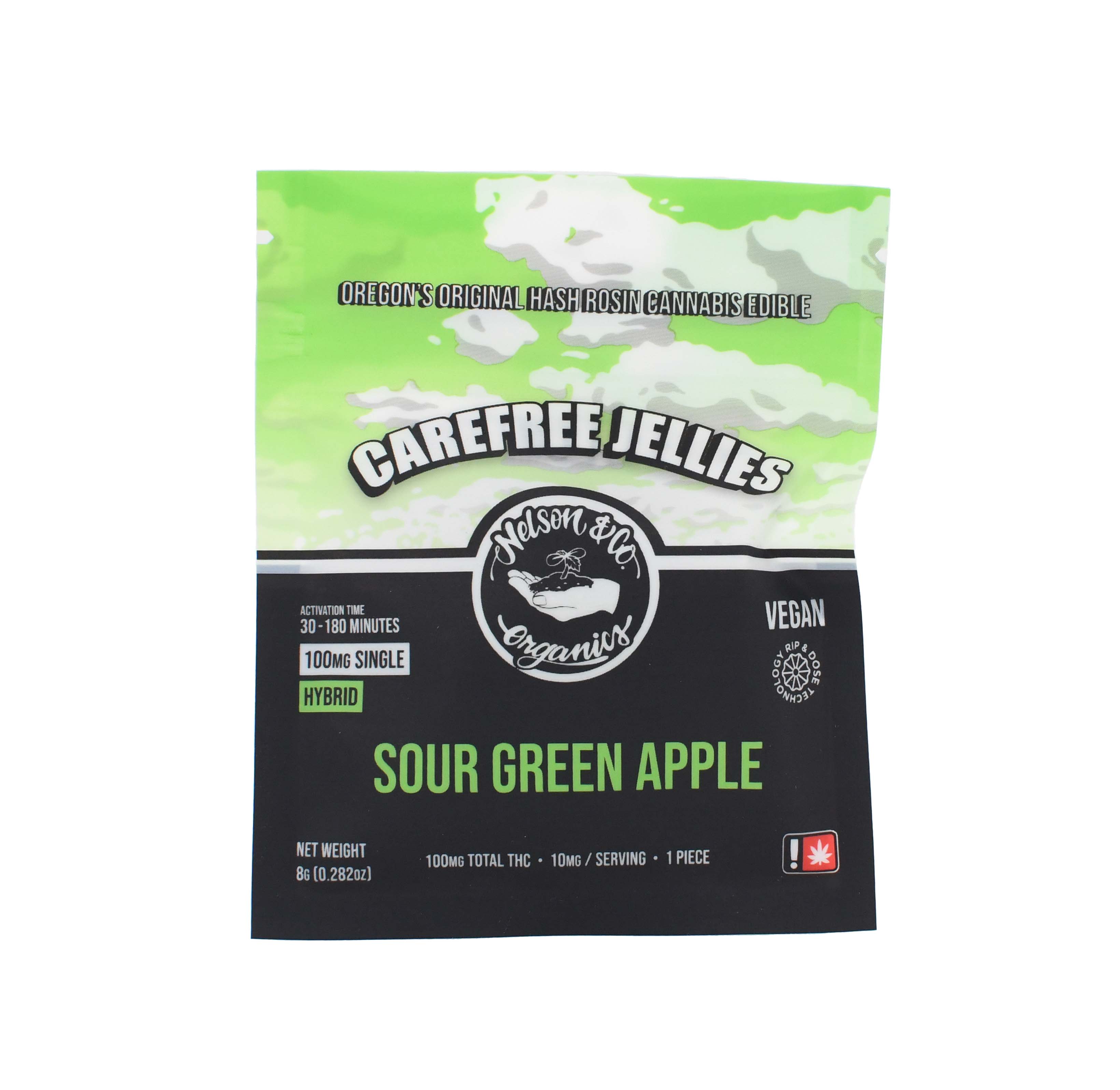 Photograph of product: Nelson & Co. 100mg CAREFREE JELLIES - SOUR GREEN APPLE Solventless au chocolat Rosin Jelly