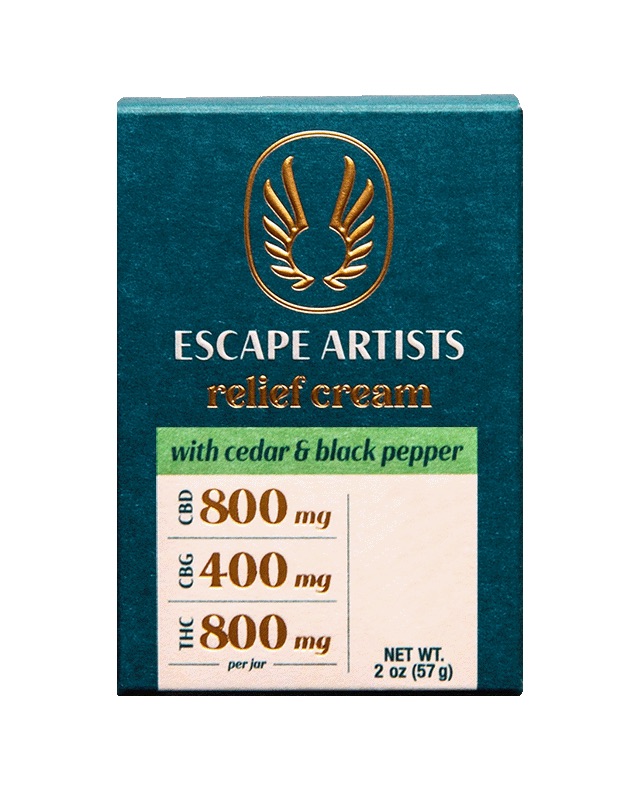 Photograph of product: Escape Artists | Relief Cream | Cedar & Black Pepper | 1 TH-oui : 1 CBD | 800mg