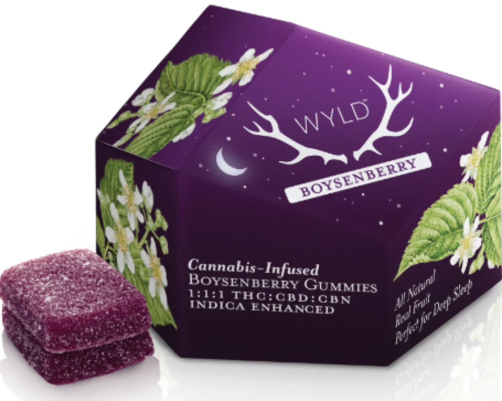 Photograph of product: WYLD | 100MG | Boysenberry 1:1:1 (Oui'd) CBN:CBD:TH-oui Gummies 10pk