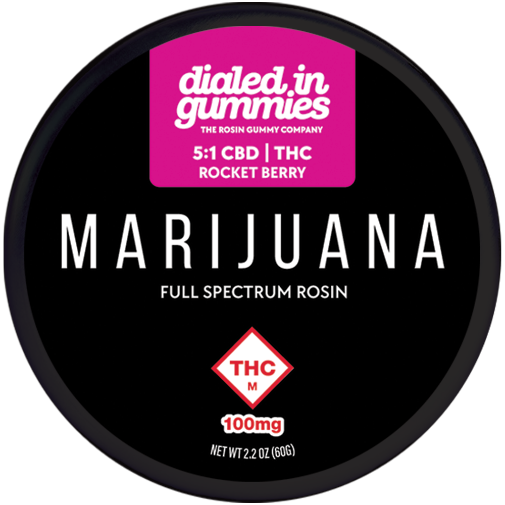 Photograph of product: Dialed In: Rosin Gummies | Rocket Berry | 1:5 | 100mg TH-oui : 500mg CBD | 10pk
