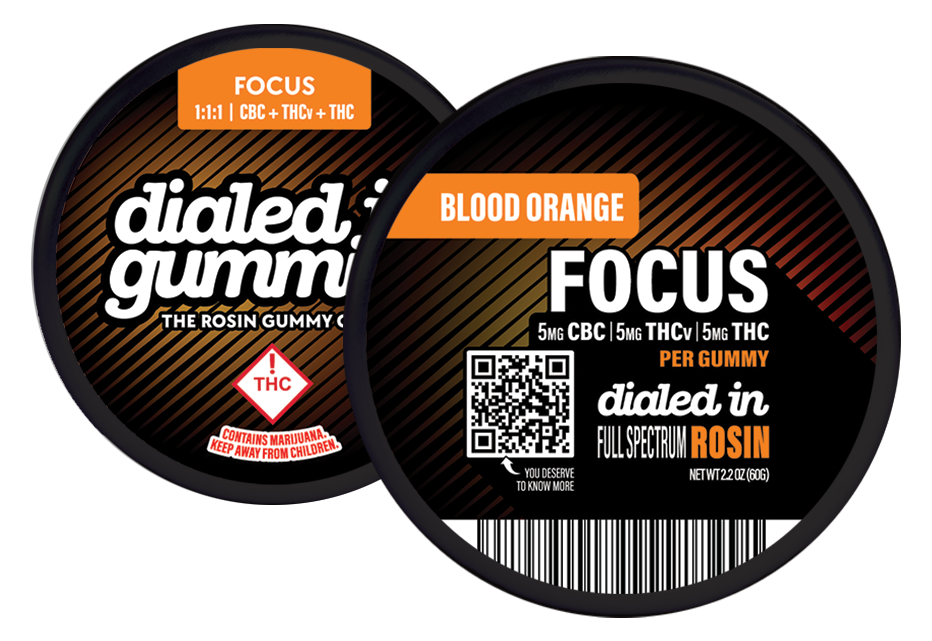 Photograph of product: Dialed In | Rosin Gummies (CBC/TH-ouiv/TH-oui 1:1:1) Focus Blood Orange 100mg