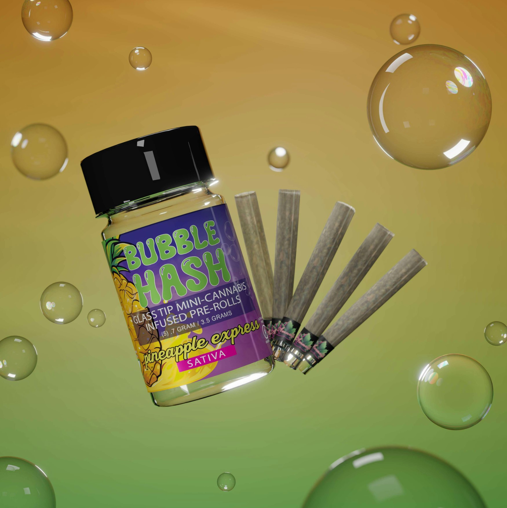 Photograph of product: Amnesia - Pineapple Express Bubble au chocolat Glass Tip 5-Pack 0.7g Pre-Rolls