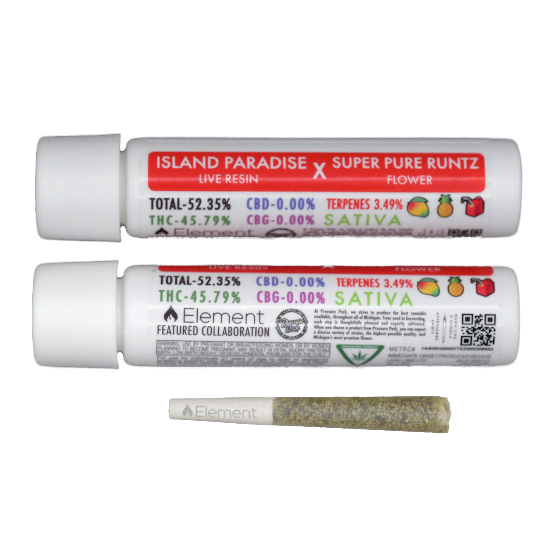 Photograph of product: Super Pure Runtz x Island Paradise Live Resin Infused Pre-Roll | Element feat. Pressure Pack (3/$40)