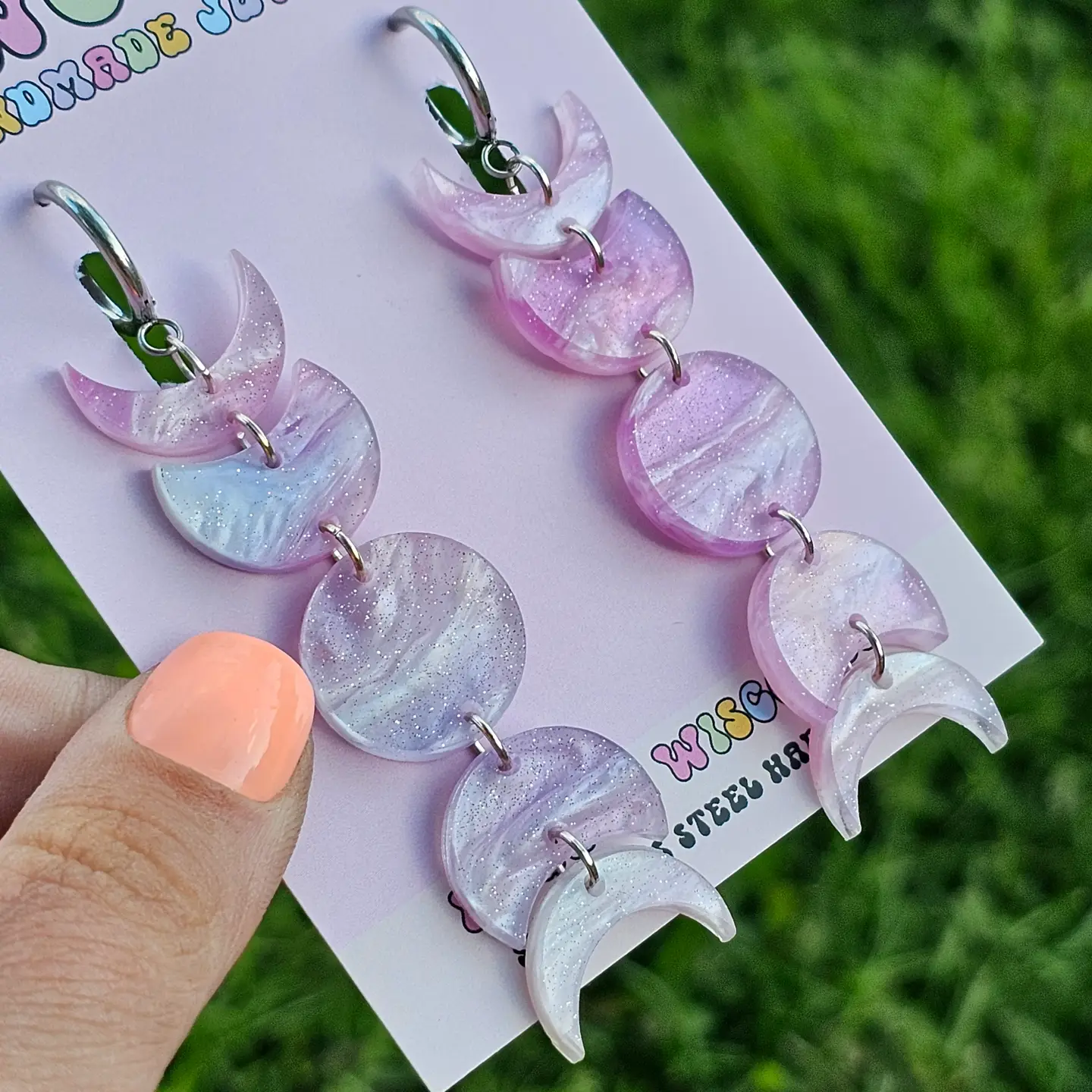 Photograph of product: Earrings | Fuchsia Galaxy Moon Phase | Acrylic | Gauge Friendly Huggies | Jedi Woods Handmade