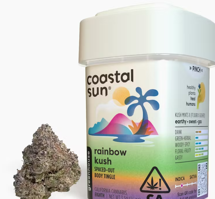 Photograph of product: Coastal Sun Rainbow Kush Oui'd Greenhouse Flower 3.5g