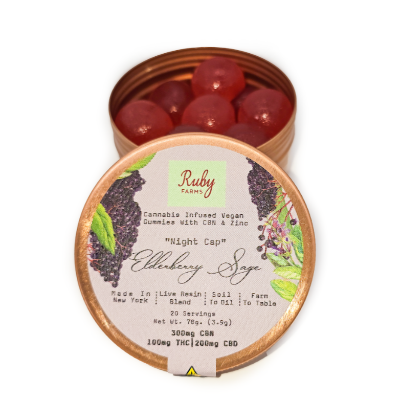 Photograph of product: Ruby Farms | Elderberry Sage "Night Cap" | Live Resin Gummies | 20pk | 100mg