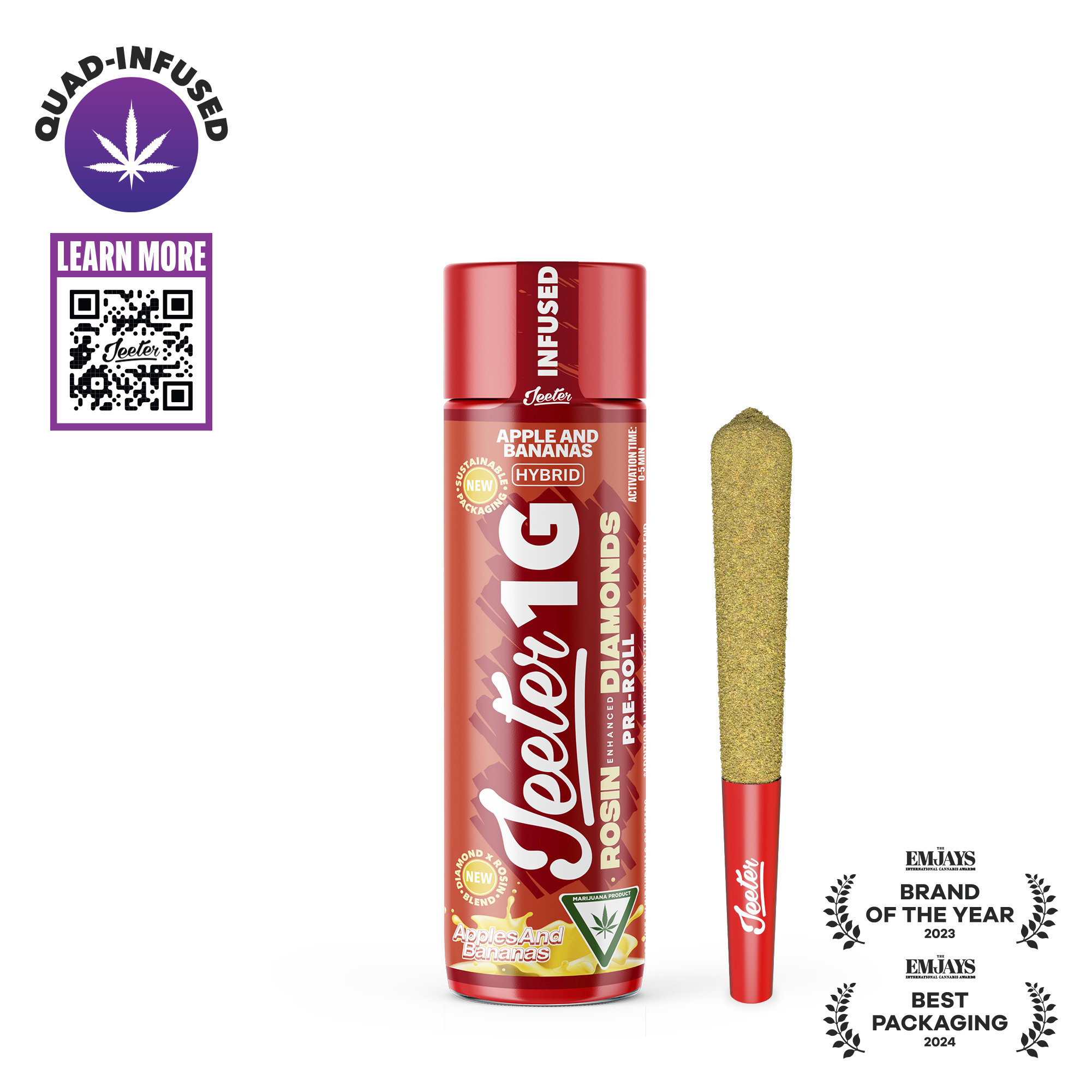 Photograph of product: Jeeter - Quad Infused Pre-roll 1g - Apples & Bananas - Hybrid