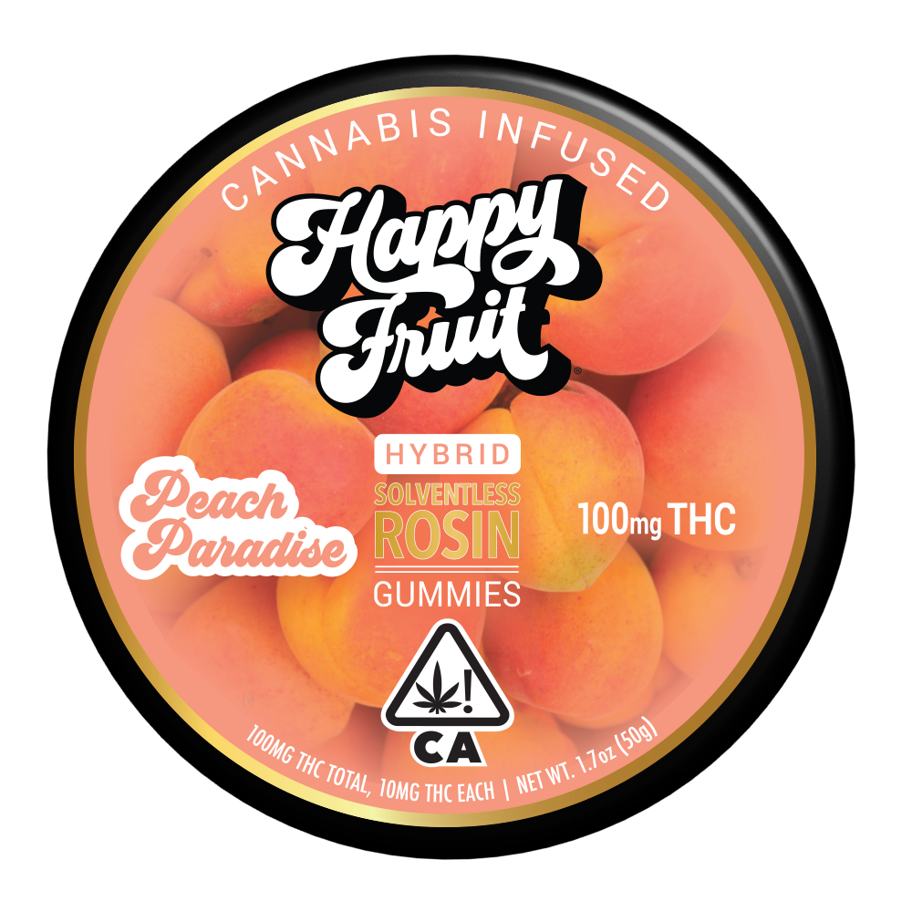Photograph of product: Happy Fruit Peach Paradise Solventless Live Rosin Gummies 10pk 100mgTH-oui