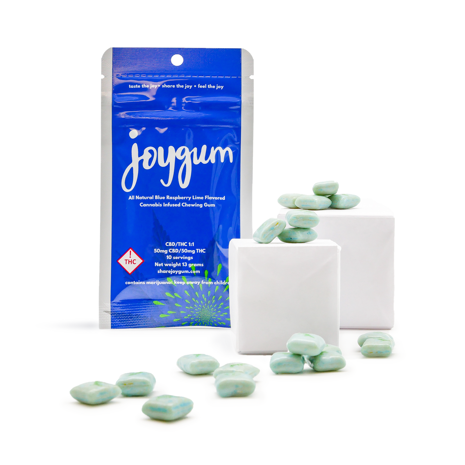 Photograph of product: JoyGum TH-oui + CBD 1:1  Blue Raspberry Lime (10pk / 50mg TH-oui)