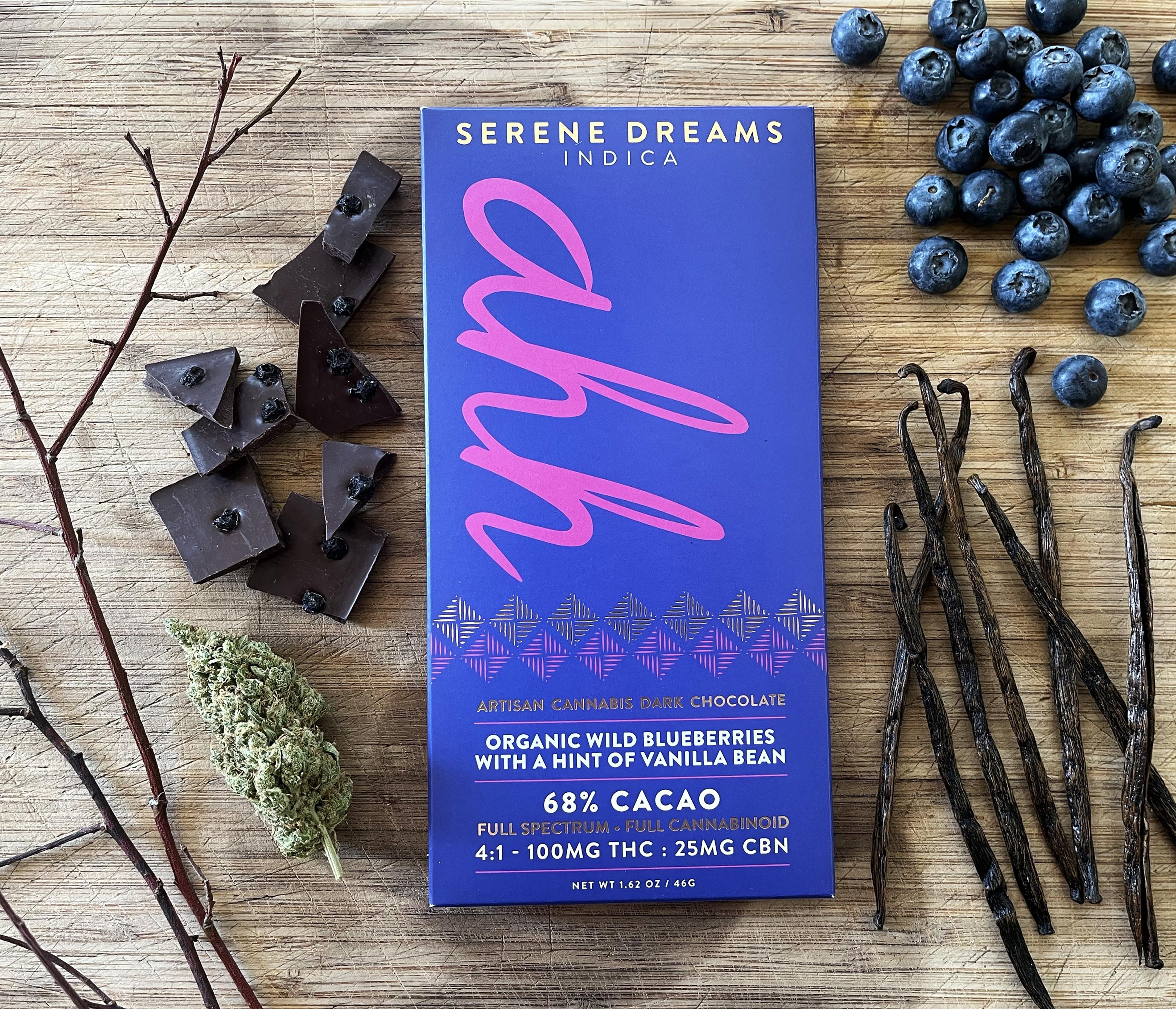 Photograph of product: Serene Dreams: Wild Blueberries & Vanilla Bean (4:1 TH-oui:CBN) Chocolate Bar (Oui'd) - 100mg