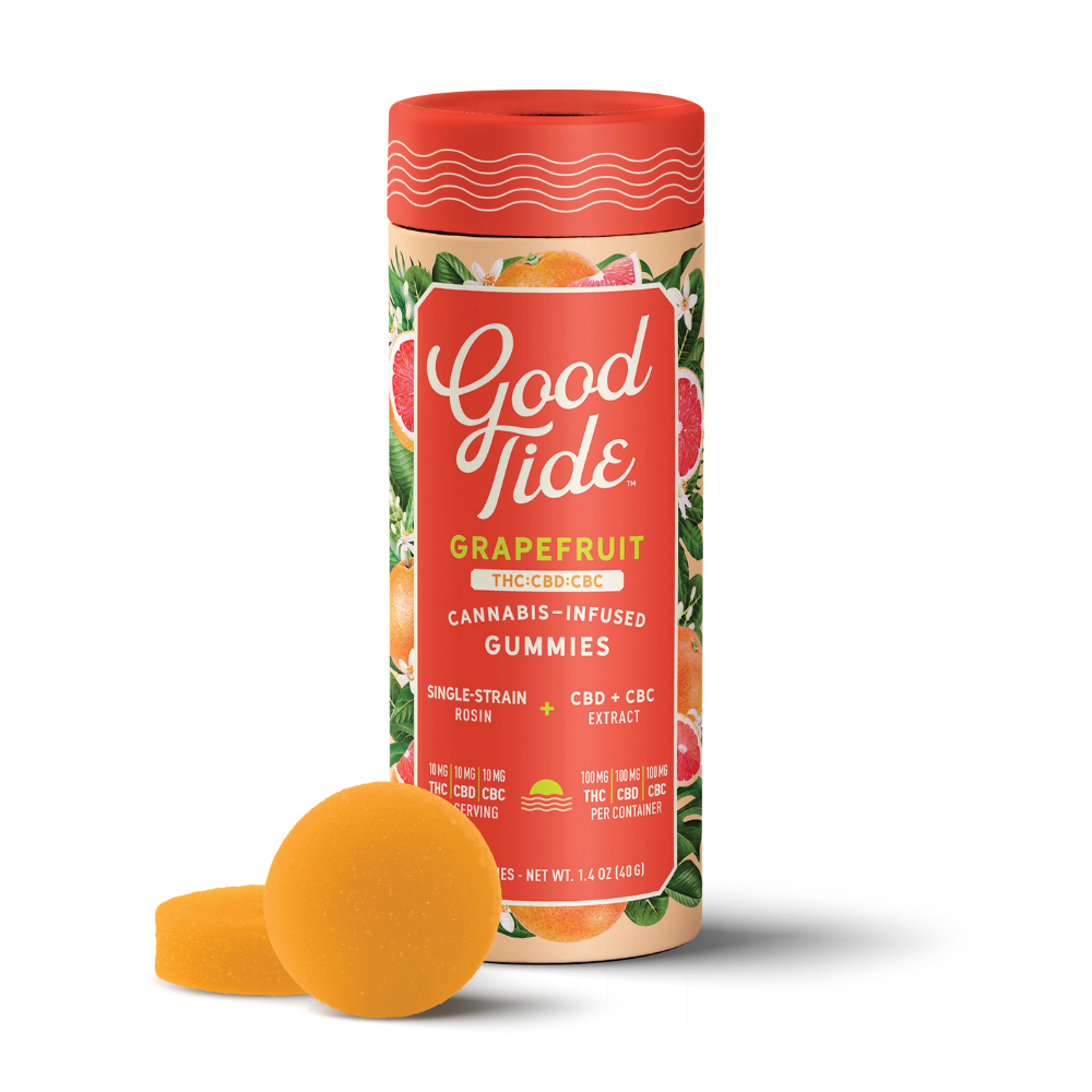 Photograph of product: GOOD TIDE SOLVENTLESS GUMMIES - GRAPEFRUIT 1:1:1 TH-oui:CBD:CBC 100MG (10CT) - 100 MG - 10 PACK
