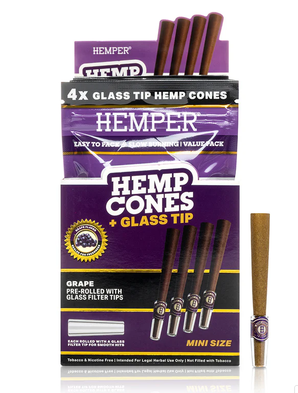 Photograph of product: Accessories | Hemper | Mini Size Hemp Cones + Glass Tip | Grape | 4pk