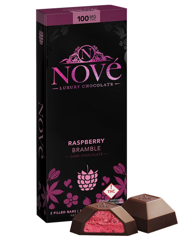 Photograph of product: Nove Raspberry Bramble Dark Chocolate Bar 100mg (H)