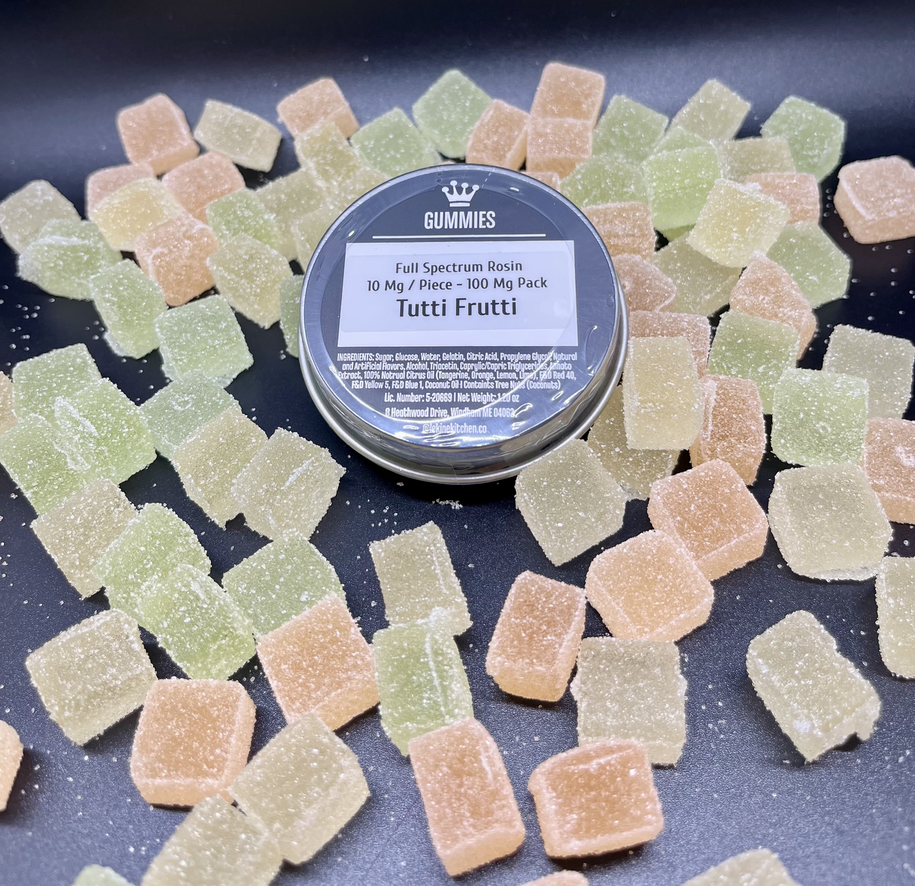 Photograph of product: Undertow x Le Kine Kitchen: Tutti Frutti 10mg/100mg au chocolat Rosin Gummies