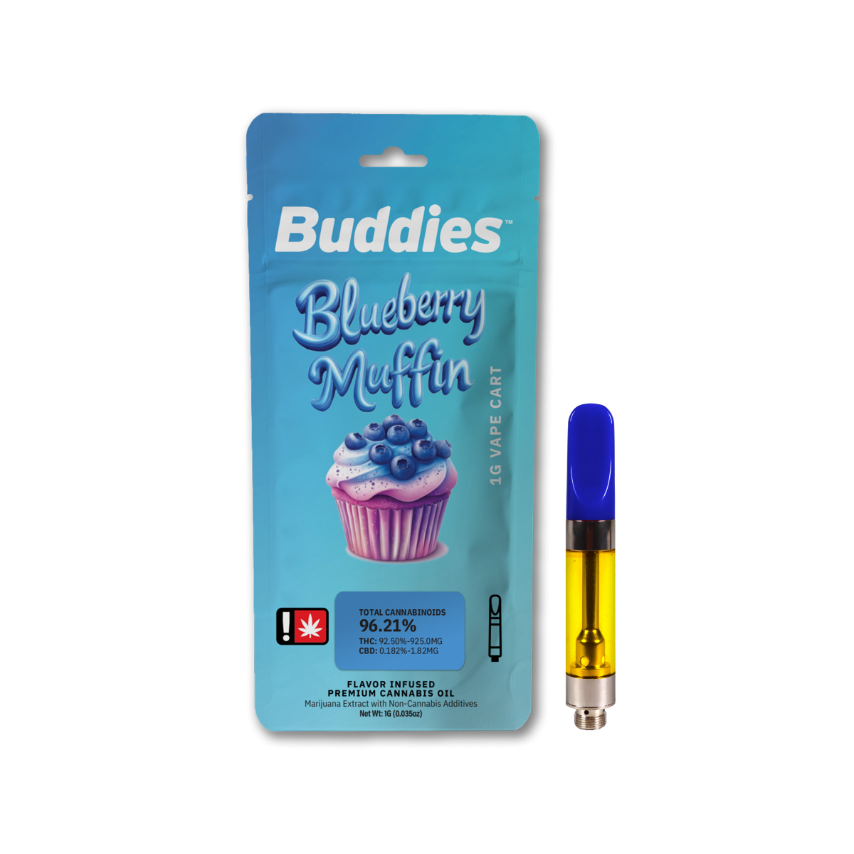 Photograph of product: Cartridge ~ Buddies ~ Flavored Distillate ~ Blueberry Muffin ~ Green Leaf Special