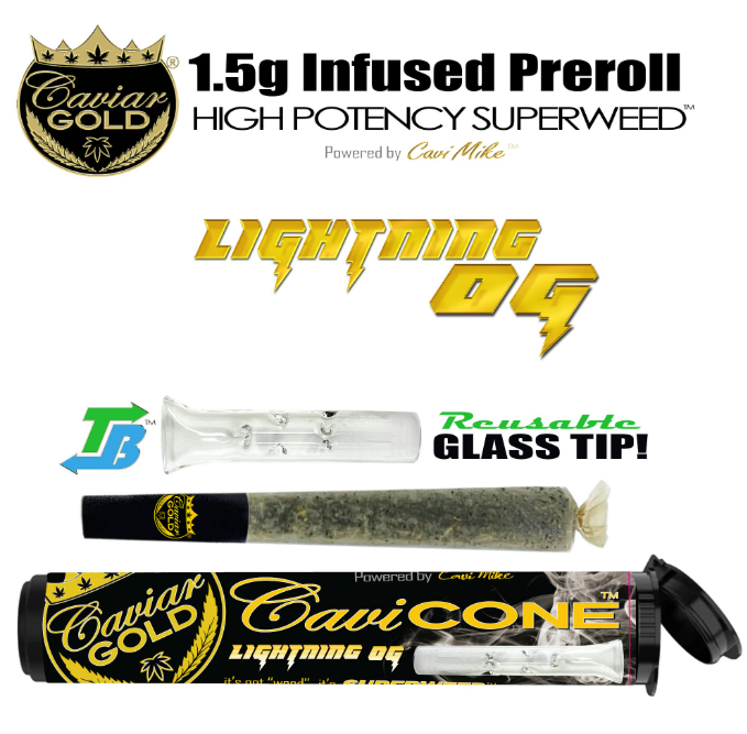 Photograph of product: LIGHTNING OG | CAVI CONE INFUSED PREROLL | 1.3G