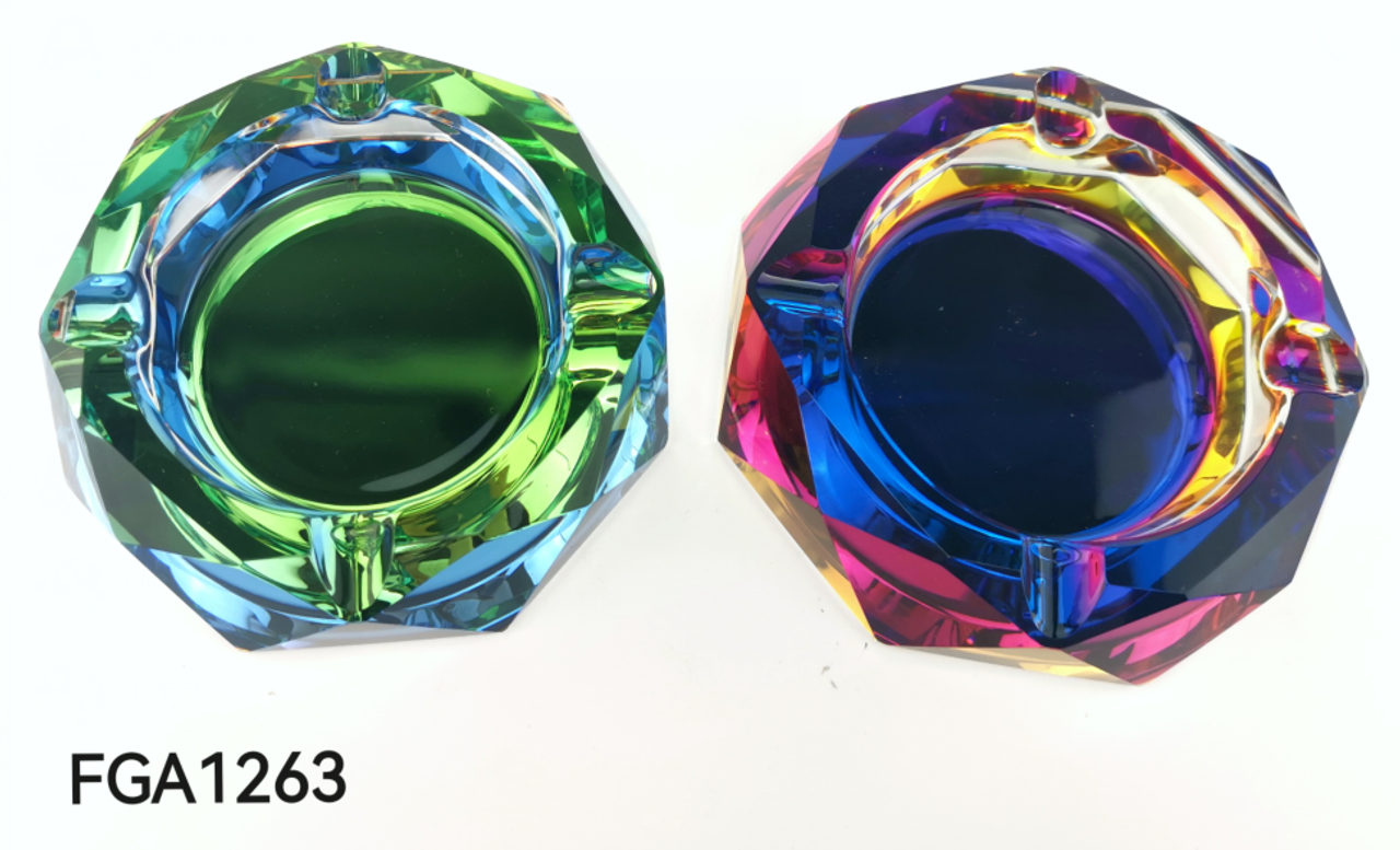 Photograph of product: 4" Faceted Octagon Iridized Glass Ashtray | Assorted Color