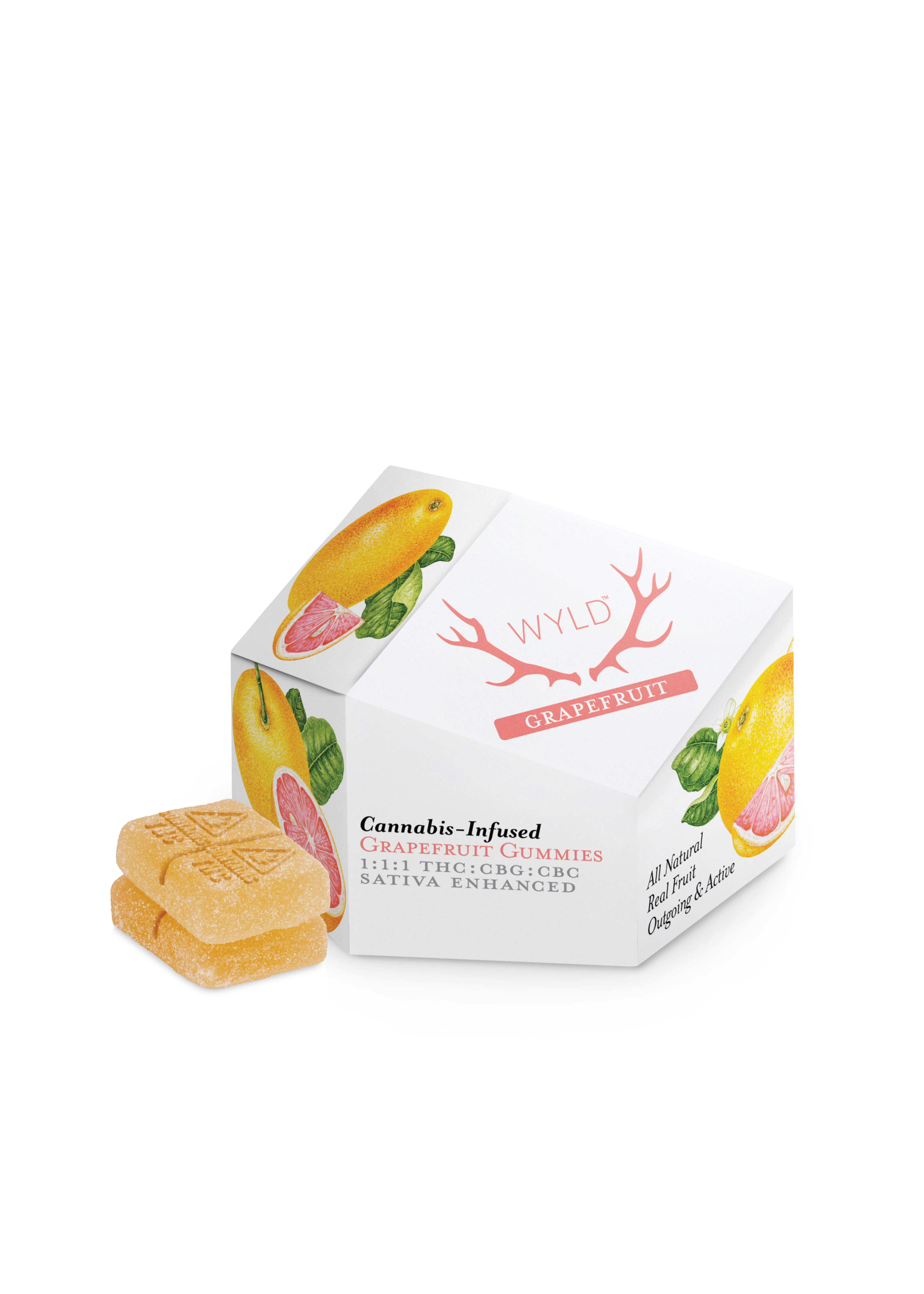 Photograph of product: WYLD Grapefruit Oui'd Enhanced 1:1:1 (TH-oui:CBG:CBC) Gummies 5mg 20pk