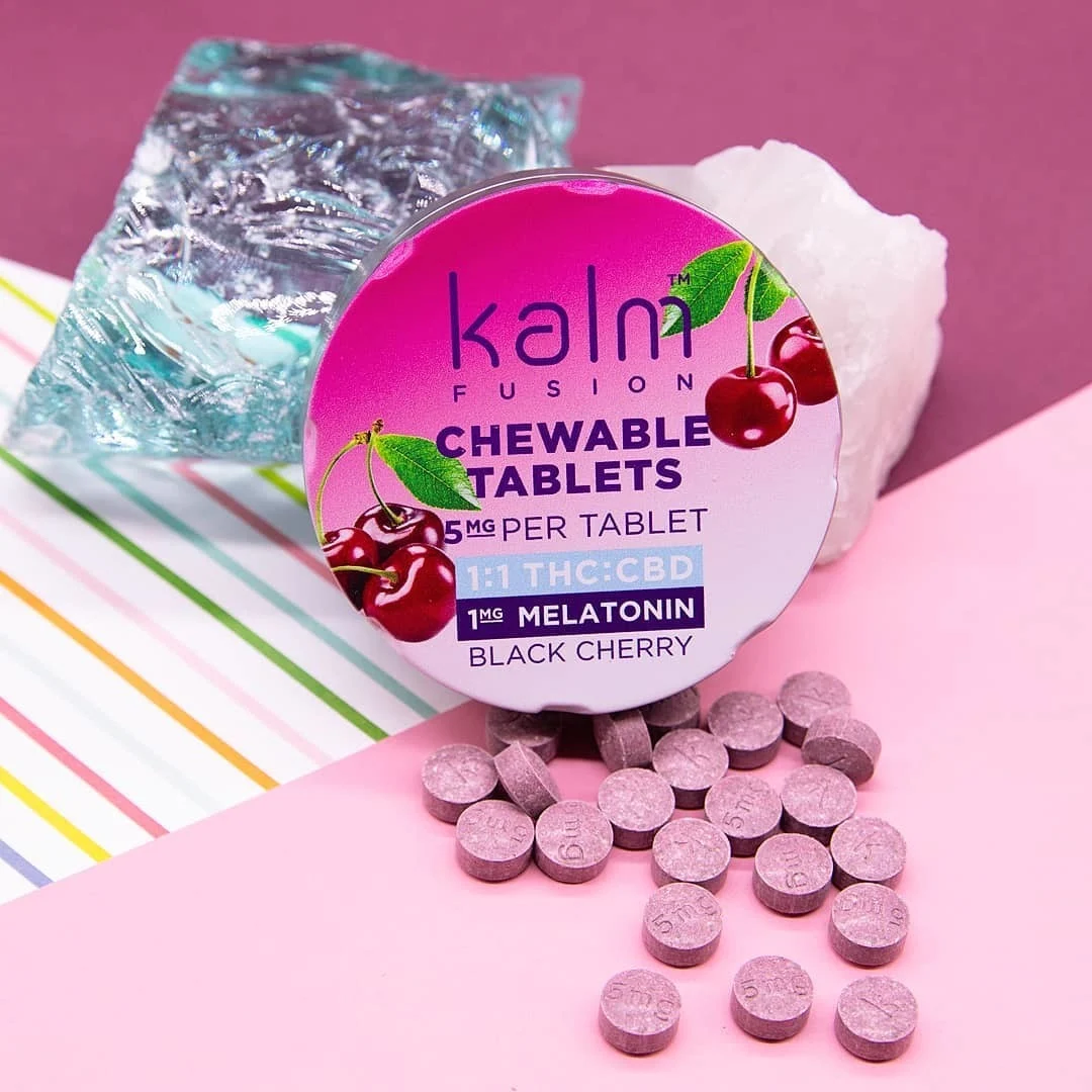 Photograph of product: KALM FUSION Chewable Tablet 100mg: Black Cherry 1:1 TH-oui:CBD 20pc