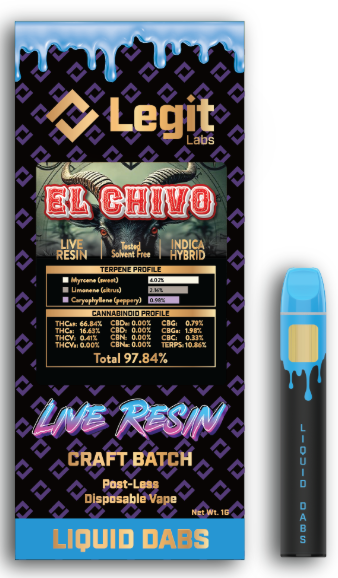 Photograph of product: El Chivo | Post-Less Disposable | Live Resin | Legit Labs