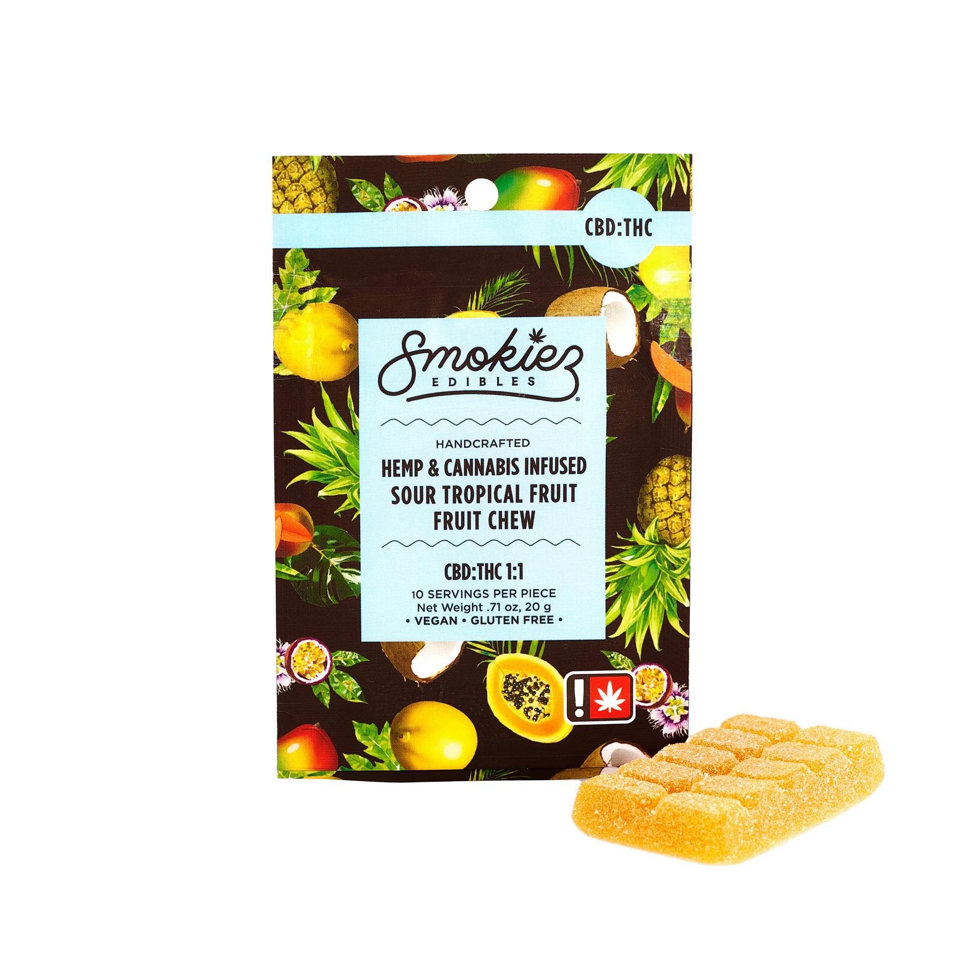 Photograph of product: Smokiez | Single | 100mg | Tropical Fruit Chew | 1:1 TH-oui-CBD | Gummy