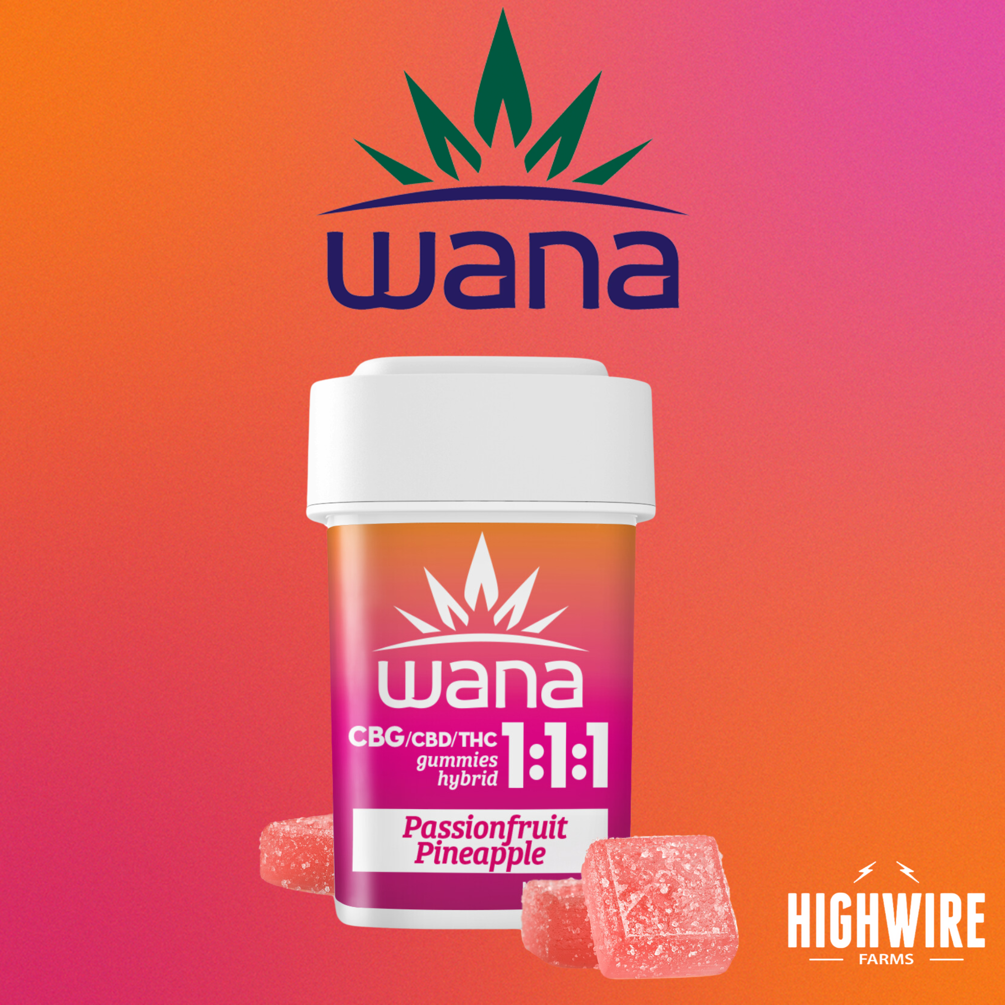 Photograph of product: Wana Gummies Passionfruit Pineapple 1:1:1 CBG:CBD:THC 100mg