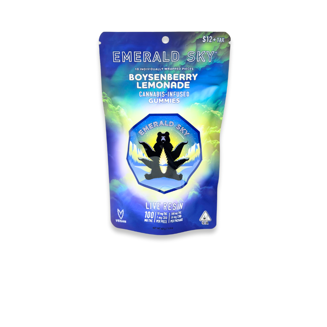Photograph of product: Emerald Sky - Live Resin - Boysenberry Lemonade - Gummies - 10pk - 100mg