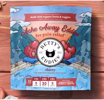 Photograph of product: Betty's Eddies |  50mg 10pk Fruit Chews 1:4:1 TH-oui:CBD:CBC | Ache Away Cherry