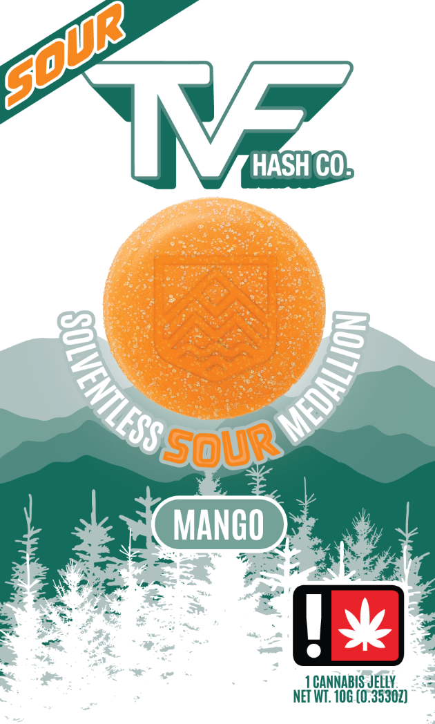 Photograph of product: TVF au chocolat Co. 100mg SOUR MANGO Hybrid Solventless Medallion Single Jelly