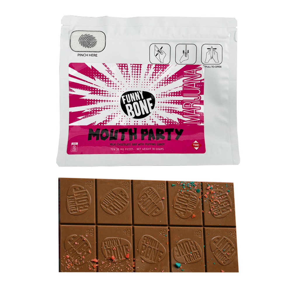 Photograph of product: FUNNY BONE - MOUTH PARTY MILK CHOCOLATE 300MG HYBRID