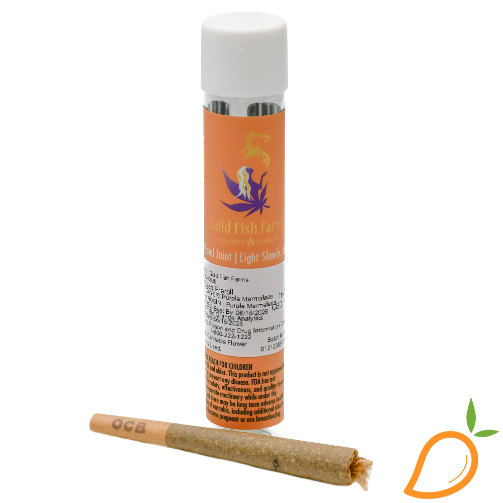 Photograph of product: 1.2g Purple Marmalade Rosin Infused Preroll Gold Fish Farms