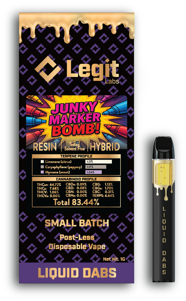 Photograph of product: Legit Labs | Postless Disposable Vapor Cartridge | Cured Resin | Junky Marker Bomb | 1g