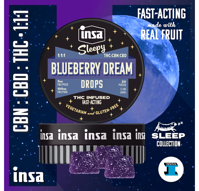 Photograph of Product: INSA | Blueberry Dream | (1:1:1THC:CBD:CBN) Infused Gummies | 100mg