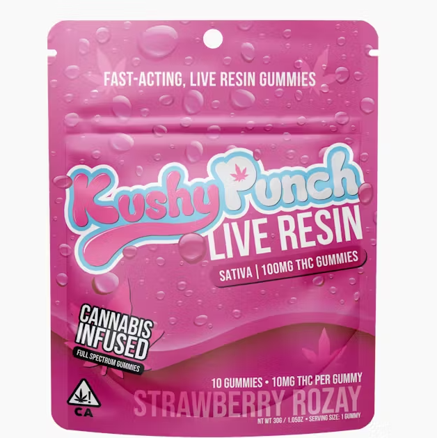Photograph of product: Kushy Punch Strawberry Rozay Live Resin Fast Acting Oui'd Gummies 100mg