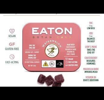 Photograph of product: Eaton Botanicals Watermelon Gal Pal Gummies 1:1 (CBD:TH-oui) 5mg 20pk