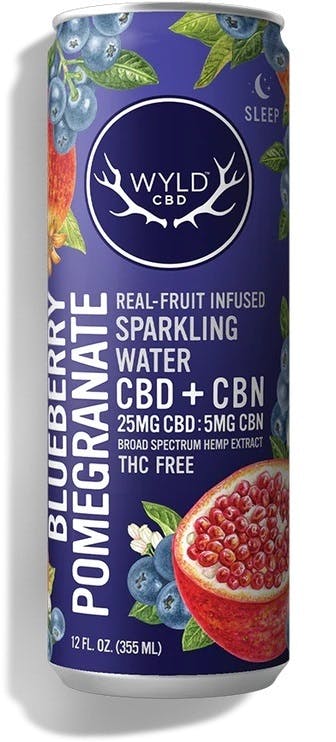Photograph of product: Beverage Wyld CBD Sparkling Water - Blueberry Pomegrante- 25mg CBD+ 5mg CBN - NWC