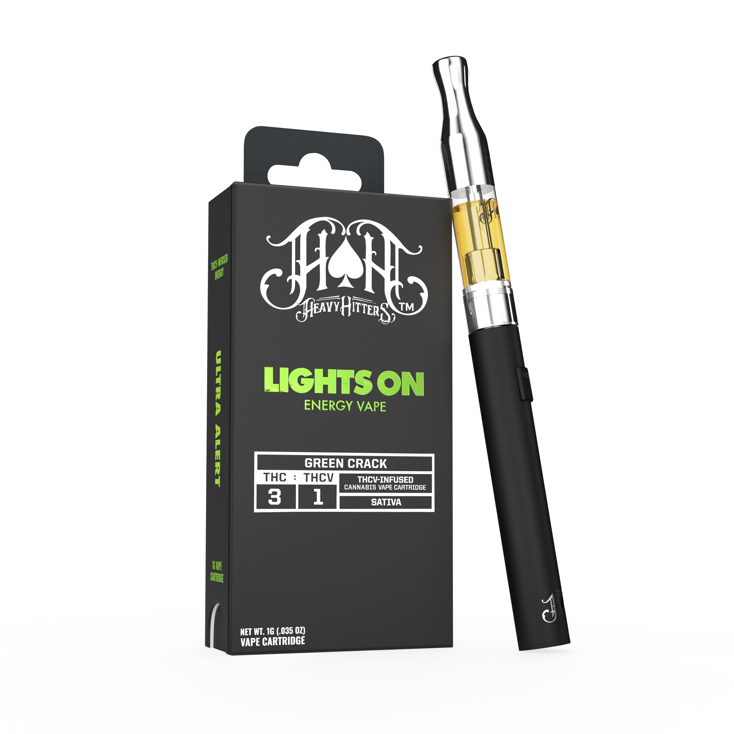 Photograph of product: Heavy Hitters Green Crack Lights On TH-ouiV Energy Vape Cartridge 1g