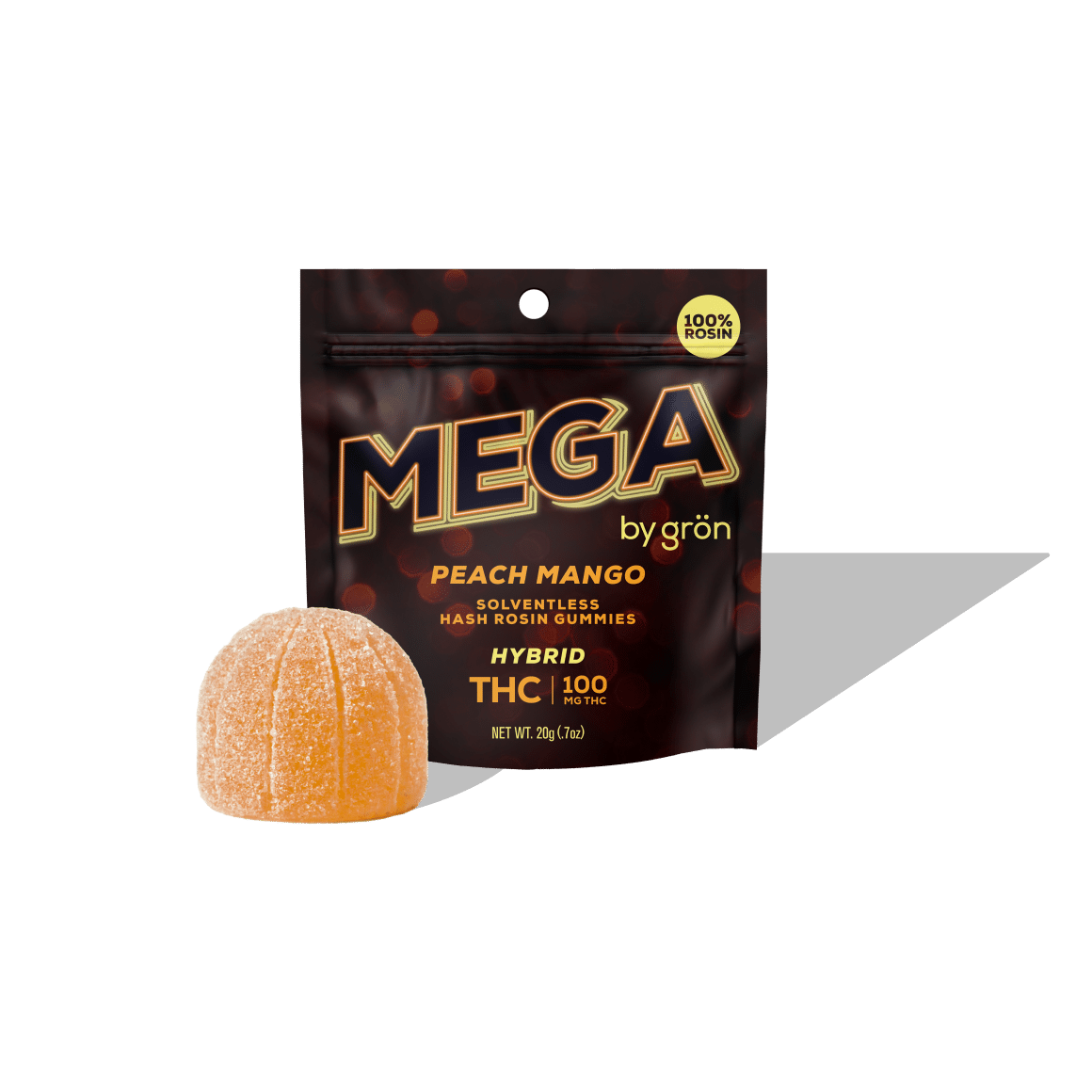 Photograph of product: Gron | Mega | Peach Mango | Hybrid | 1pk Solventless au chocolat Rosin Gummie | 100mg