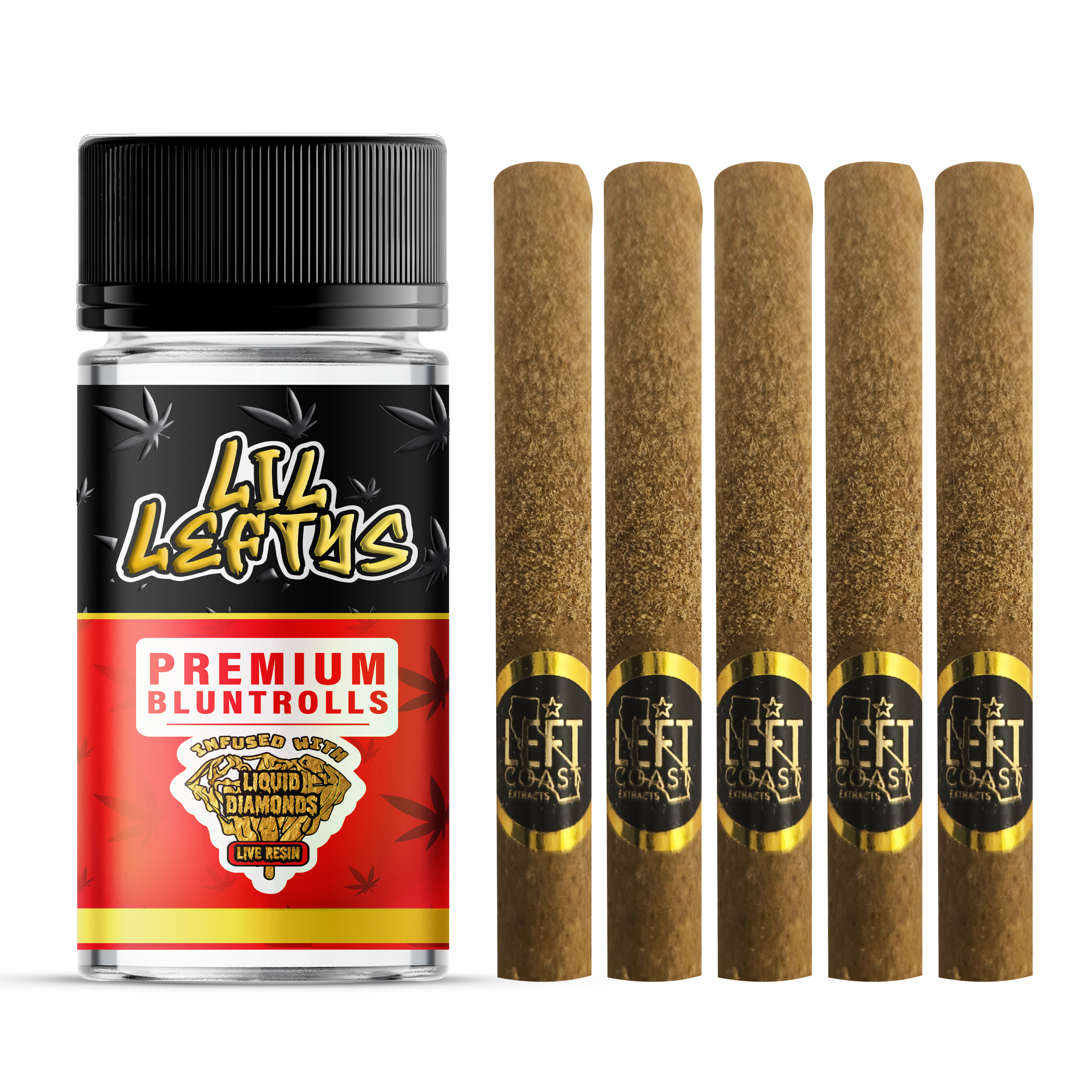 Photograph of product: LEFT COAST | LIL LEFTYS | STRAWBERRY BANANA | INFUSED BLUNTROLLS | 6.5G(5PK)