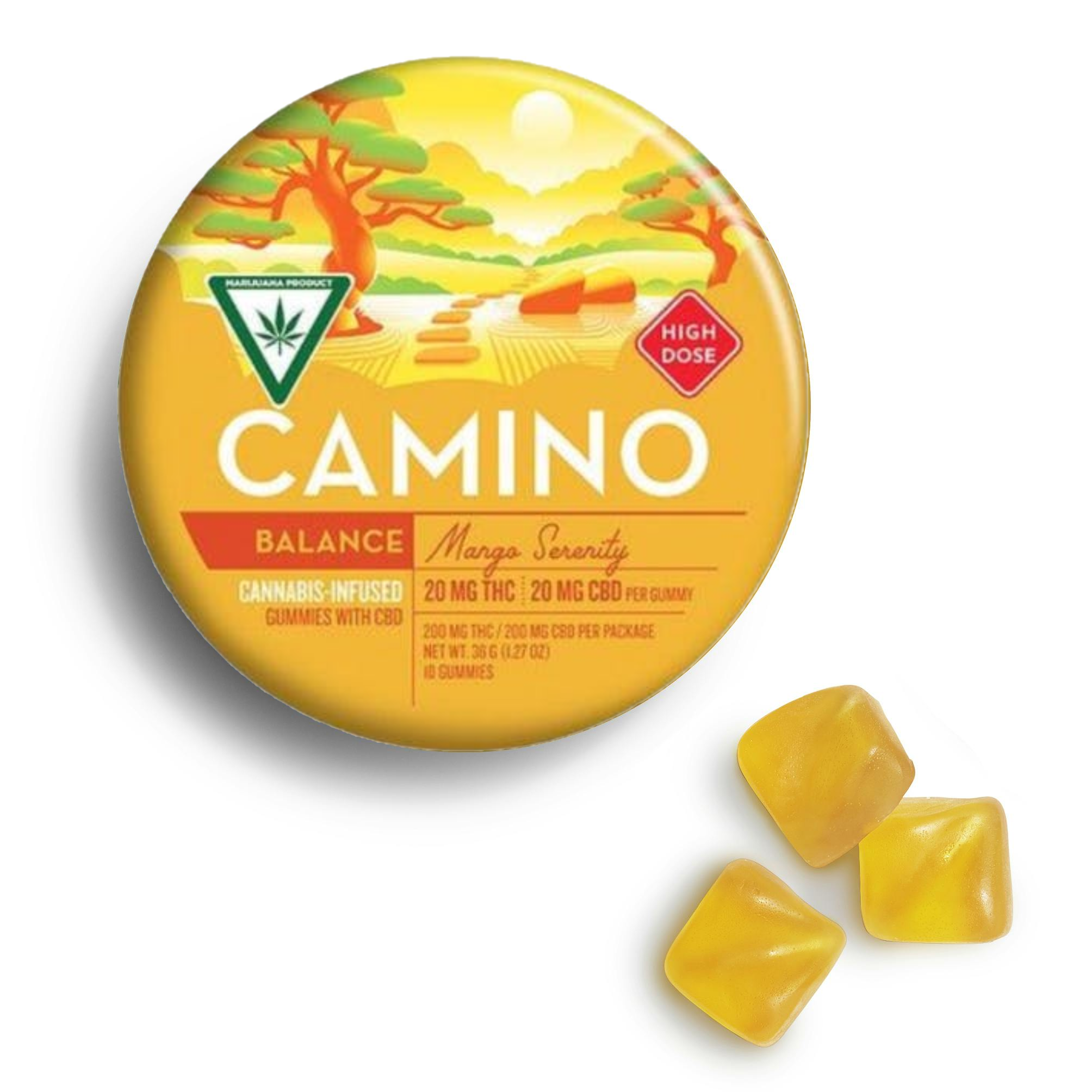 Photograph of Product: Camino Mango Serenity Balance 1:1 200mg THC/CBD Gummies Rec