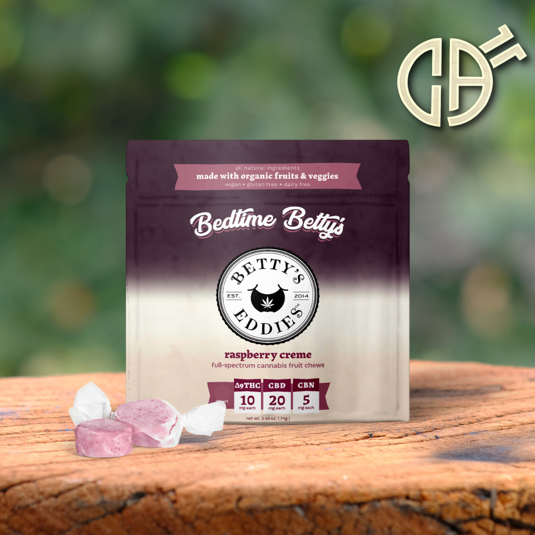 Photograph of product: Betty's | Raspberry Creme "Bedtime" 2:4:1 Chews 10mg TH-oui/20mg CBD/5mg CBN - 10pk | 100mg