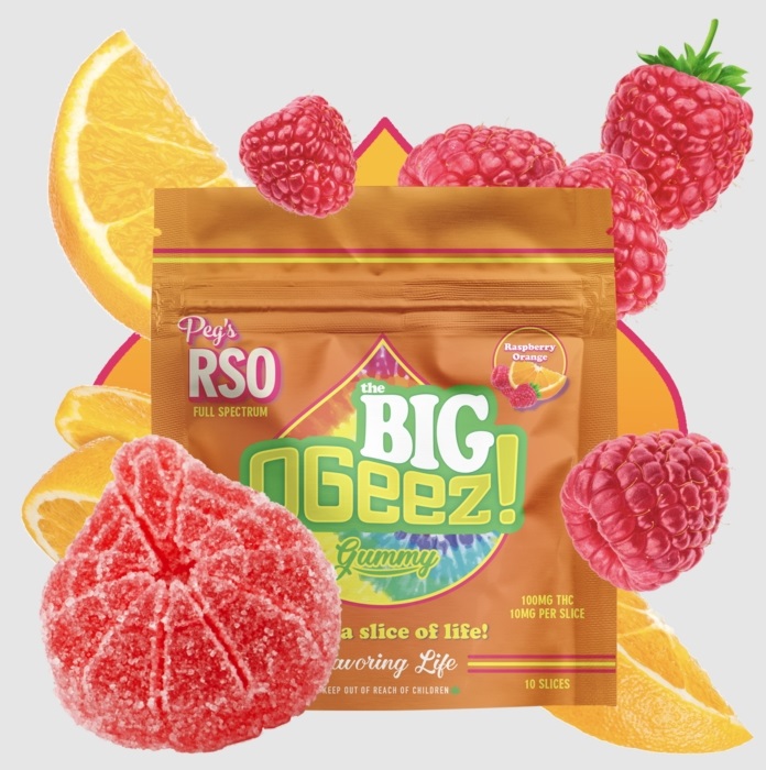 Photograph of product: OGeez Peg's BIG Raspberry Orange RSO Gummy 100mg