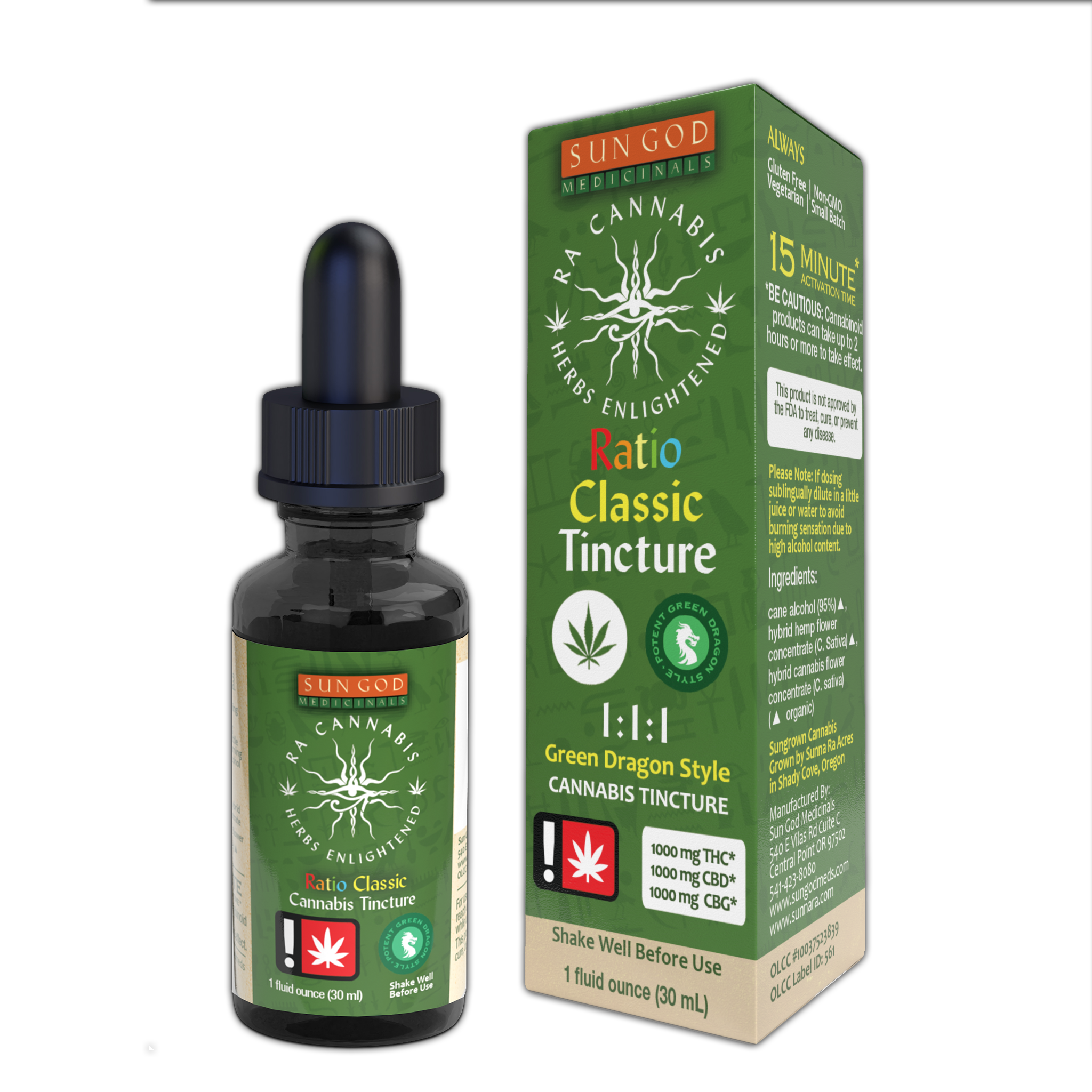 Photograph of product: Sun God - Ra 1:1:1 TH-oui:CBD:CBG Green Dragon Tincture